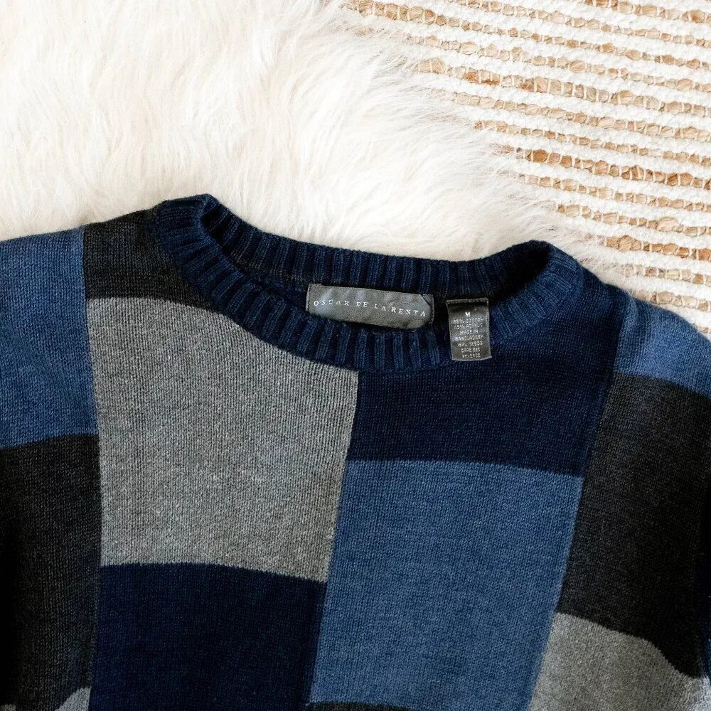 Oscar De La Renta Sweater Men's Sz M Blue Gray Colorblock Cotton LS Crew Neck